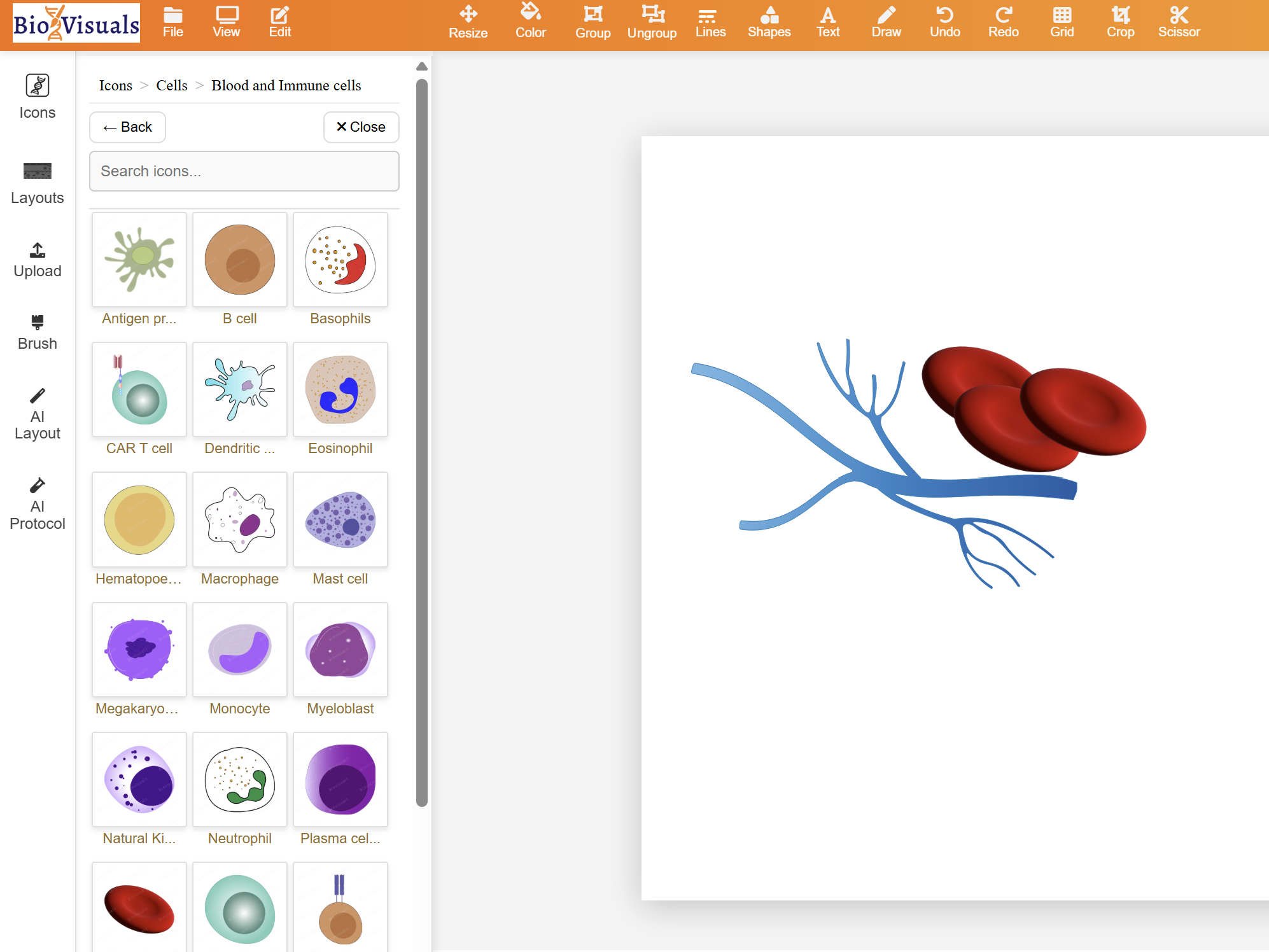 Icon library showing drag and drop interface with scientific icons